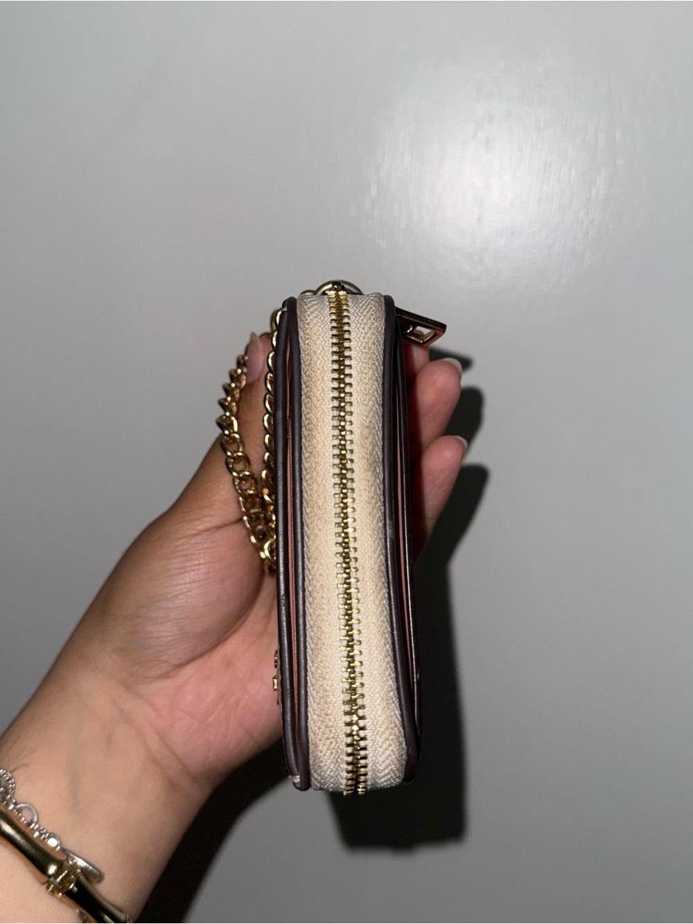 Coach Beige Floral Leather Card Case with Gold Chain Wristlet - Picture 2 of 5